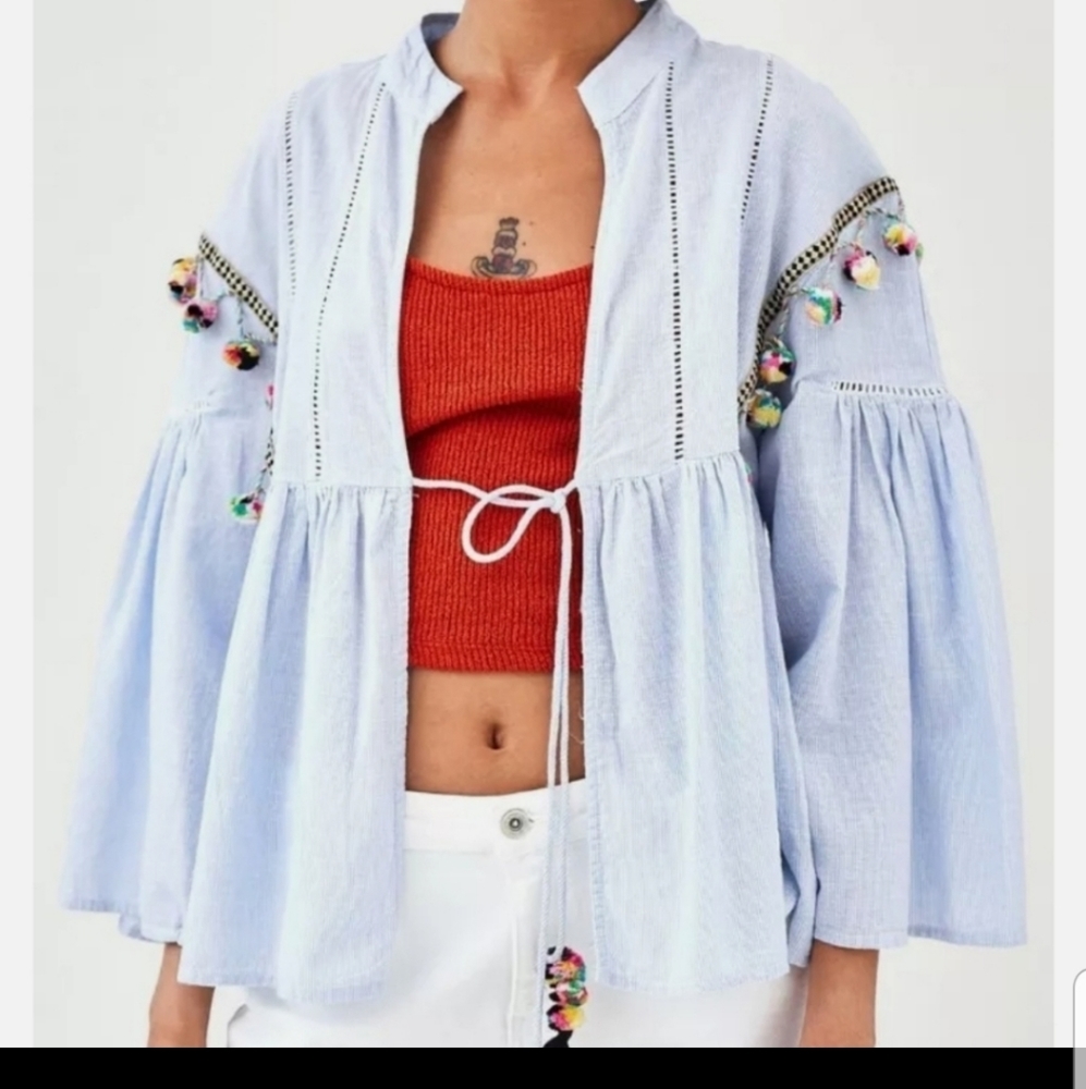 Zara Light Blue Bomber Jacket with Multicolor Accents